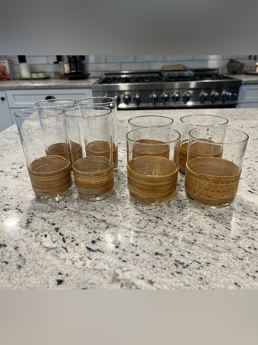 VTG 60s Rattan Wrapped Glassware Set: 4 Highball 4 DOF - MCM Boho Barware Wicker